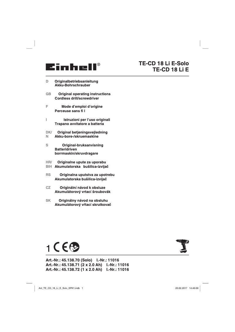 Page 1 of the manual User Manual Einhell TE-DC 18 Li