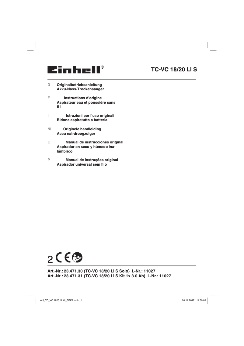 Page 1 of the manual User Manual Einhell TC-VC 18/20 Li KIT