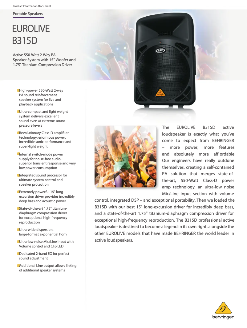 Page 1 of the manual Technical Sheet Behringer Eurolive B315D