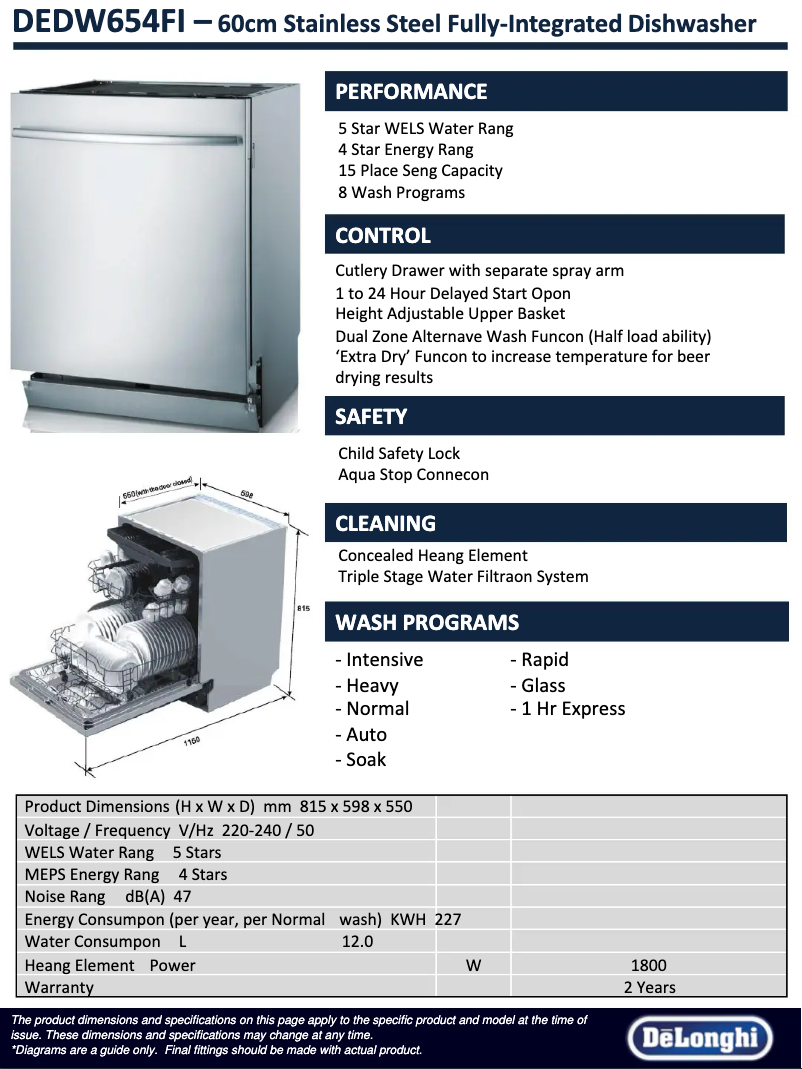 Page 1 of the manual Technical Sheet DeLonghi DEDW654FI