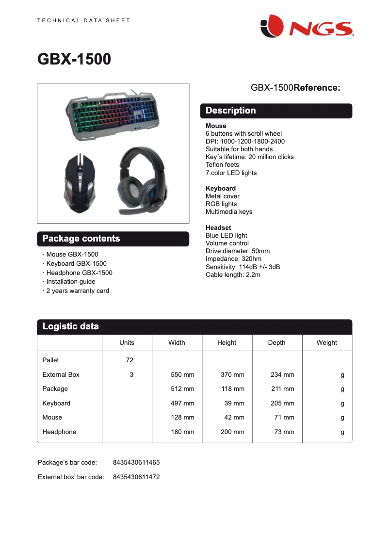 Page 1 of the manual Technical Sheet NGS GBX-1500