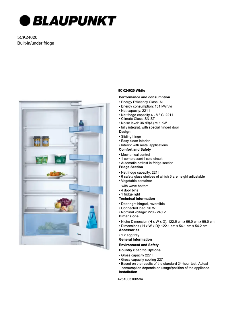 Page 1 of the manual Technical Sheet Blaupunkt 5CK24020
