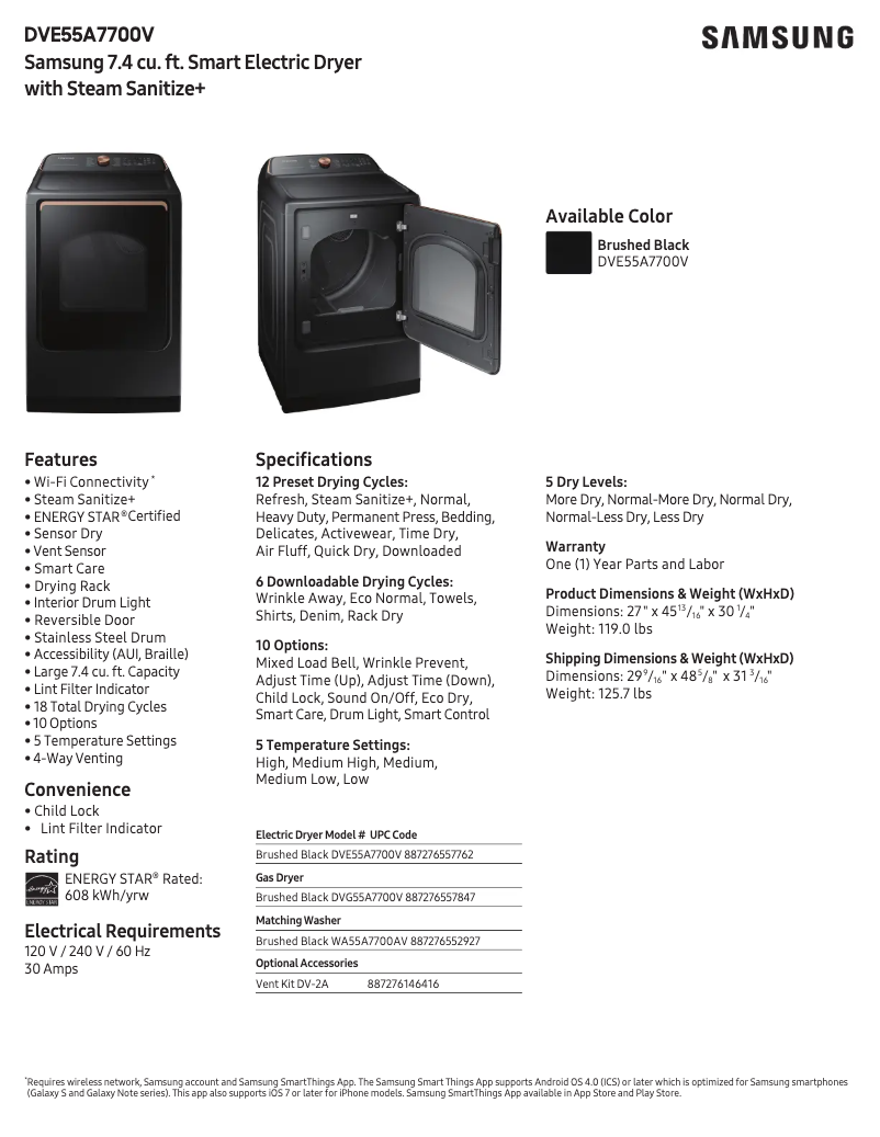 Page 1 of the manual Technical Sheet Samsung DVE55A7700V