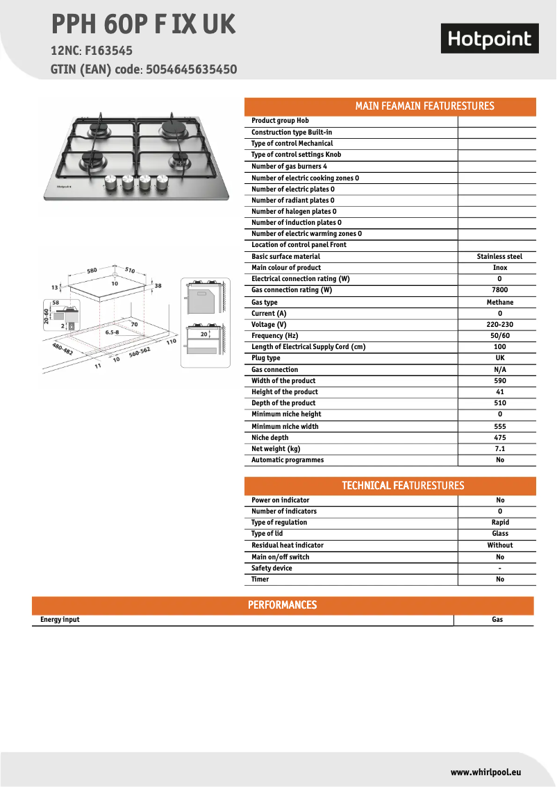 Page 1 of the manual Technical Sheet Hotpoint PPH 60P F IX UK