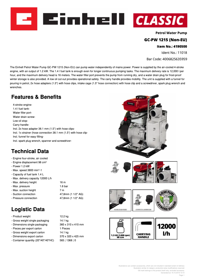 Page 1 of the manual Technical Sheet Einhell GC-PW 1215