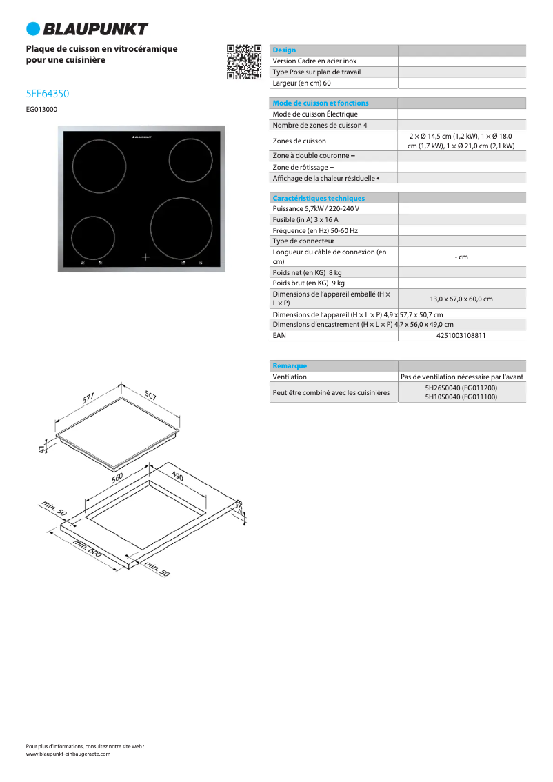 Page 1 of the manual Technical Sheet Blaupunkt 5EE64350