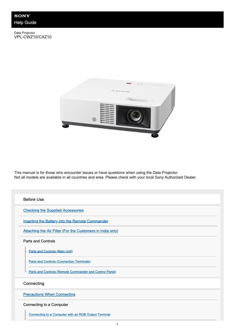 First page image of the manual for VPL-CWZ10
