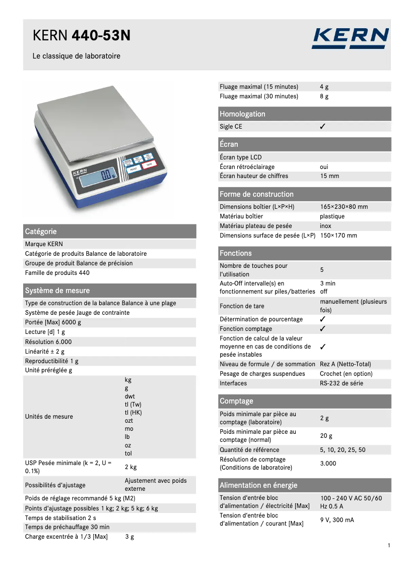Page 1 of the manual Technical Sheet Kern 440-53N