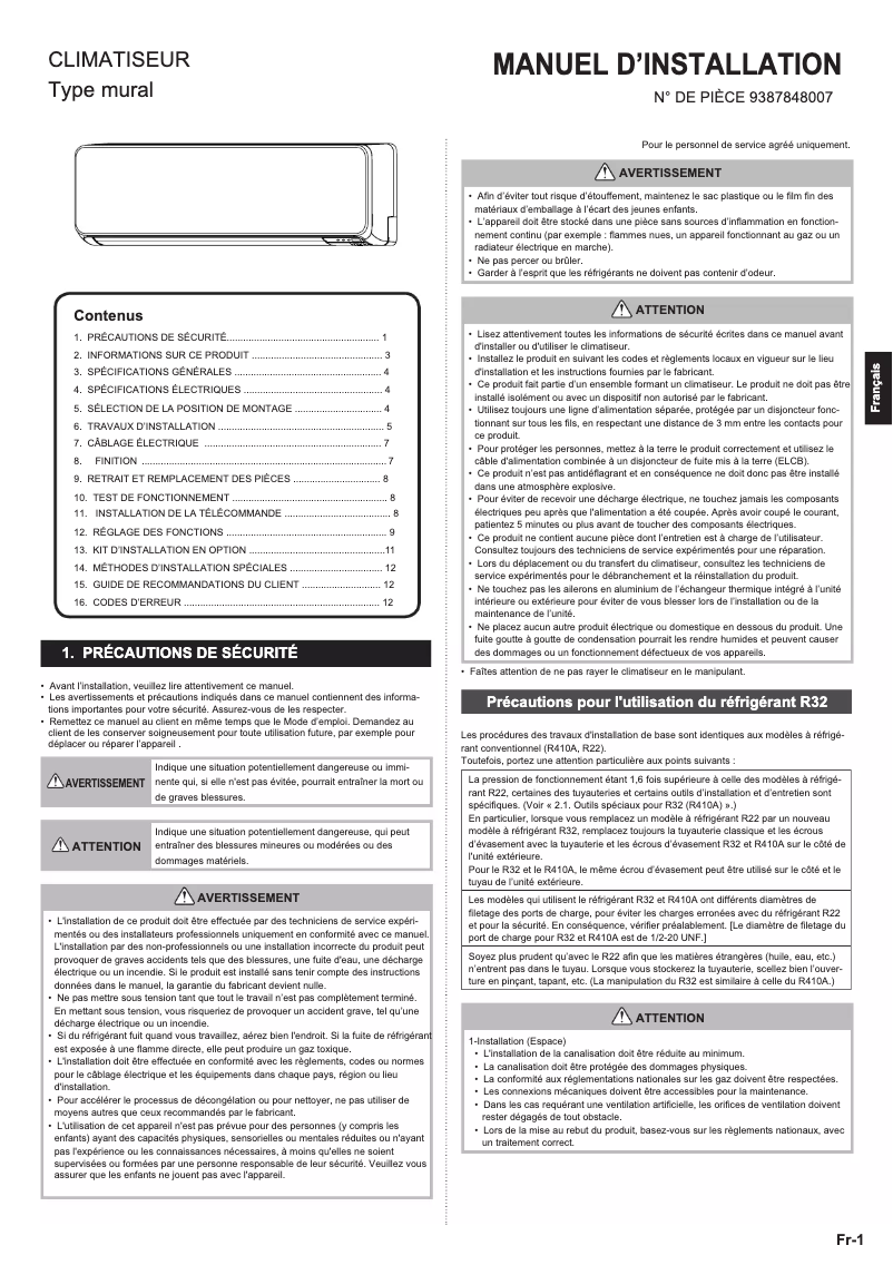 Page 1 de la notice Manuel utilisateur Fujitsu Standard ASYG14KMCC