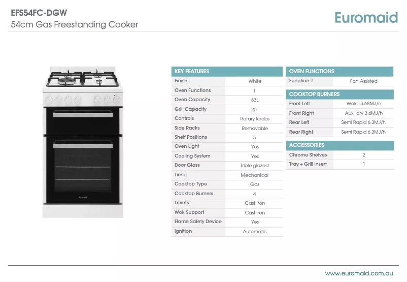 Page 1 of the manual Technical Sheet Euromaid EFS54FC-DGW