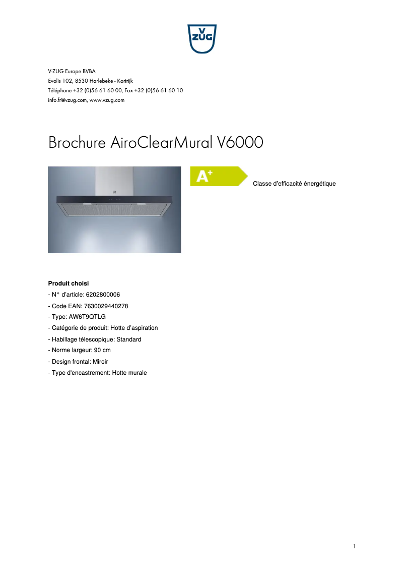 Page 1 of the manual Brochure V-Zug AiroClearParete V6000