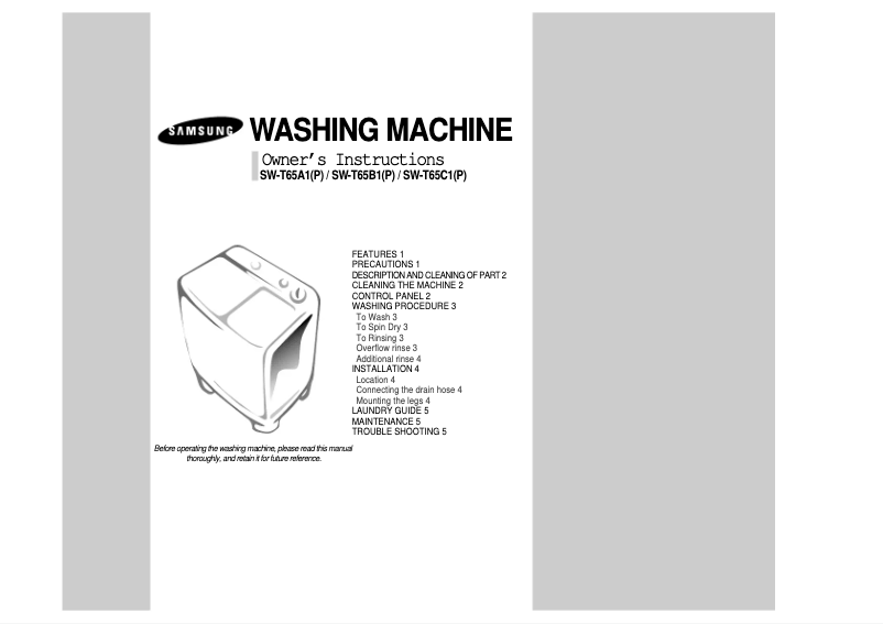 Page 1 of the manual User Manual Samsung SWT65B1P
