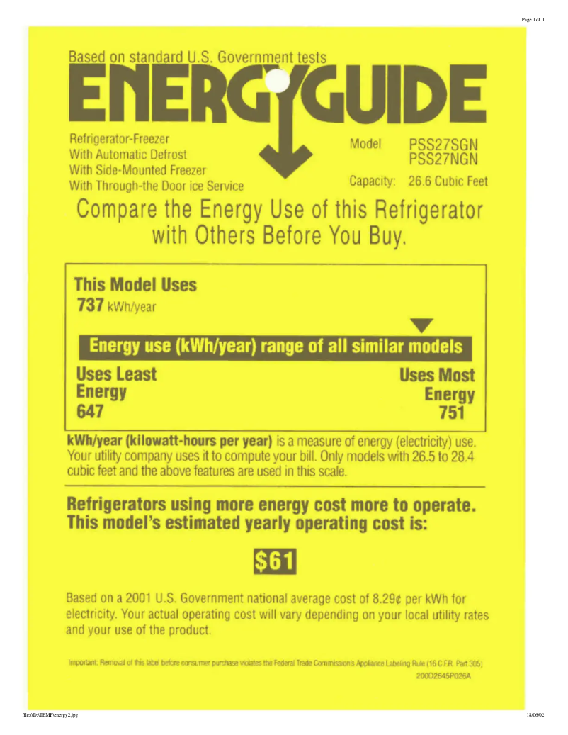 Page 1 of the manual Energy Label GE Profile Arctica PSS27SGNBS