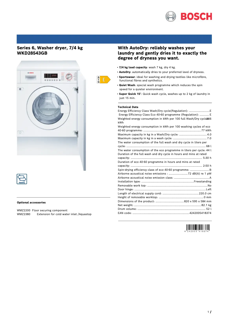 First page image of the manual for WKD28543GB