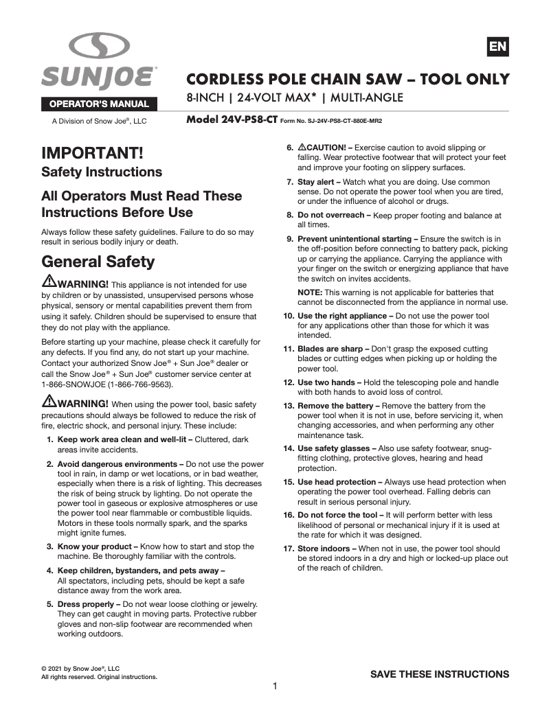 Page 1 of the manual User Manual Sun Joe 24V-PS8-CT