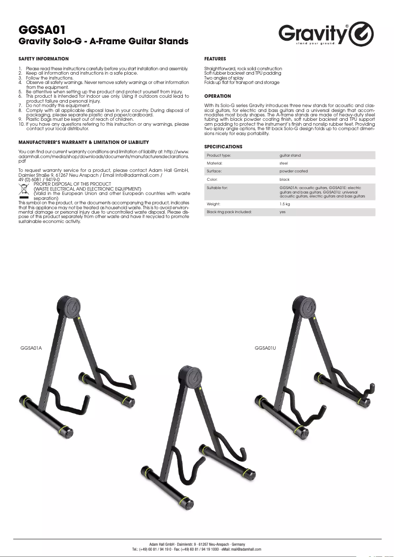 First page image of the manual for Solo-G Acoustic