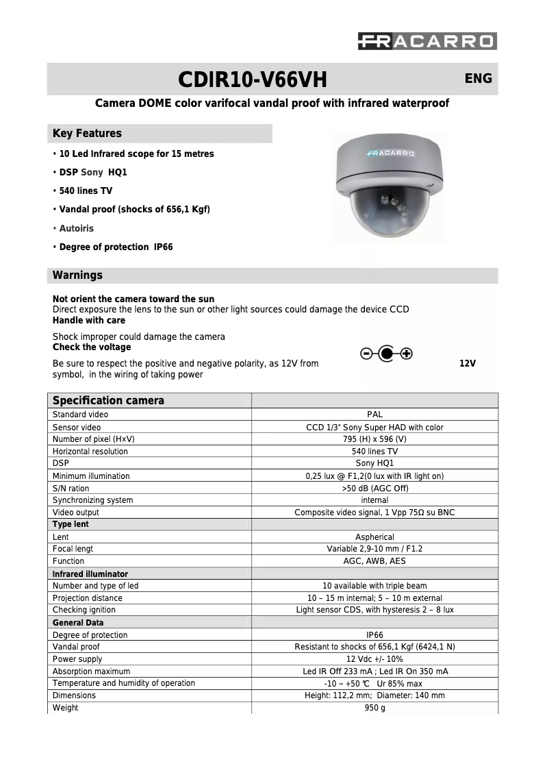 Page 1 of the manual User Manual Fracarro CDIR10-V66VH