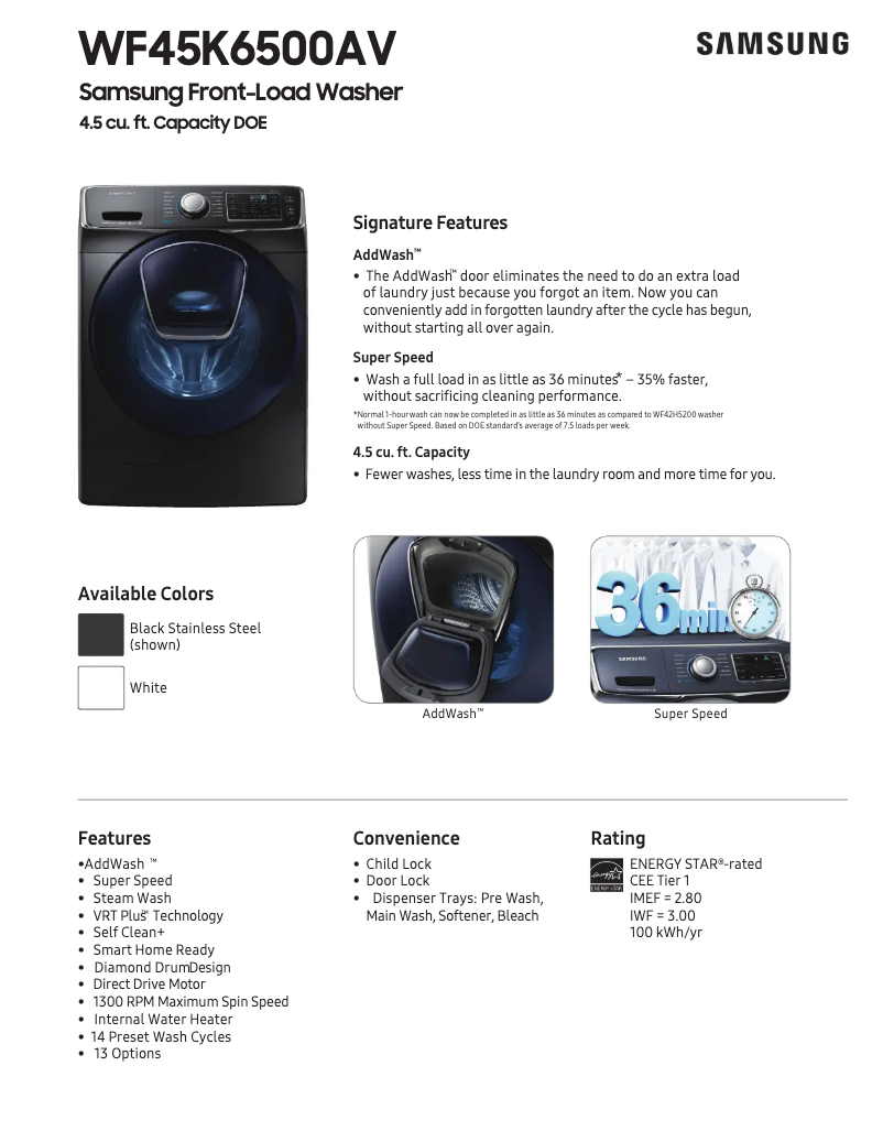 Page 1 of the manual Technical Sheet Samsung WF6500