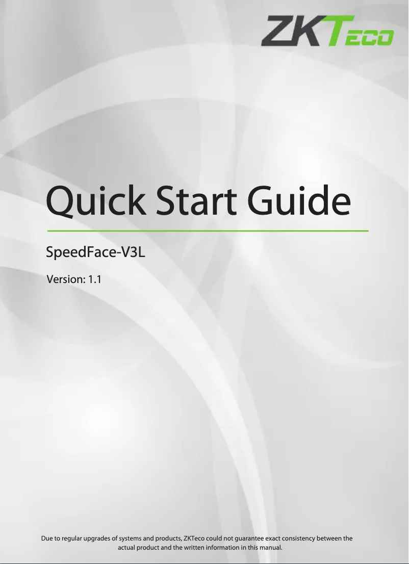 Page 1 of the manual Quick Start Guide ZKTeco SpeedFace-V3L