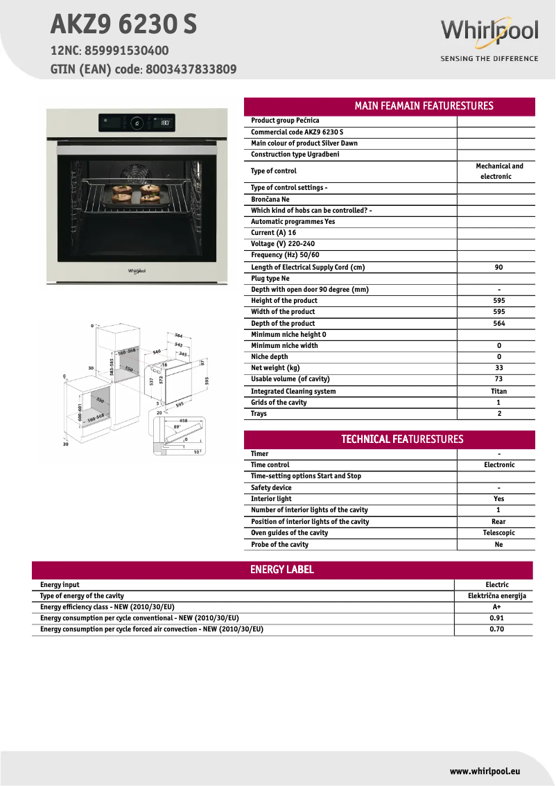 Page 1 de la notice Fiche technique Whirlpool AKZ9 6230 S