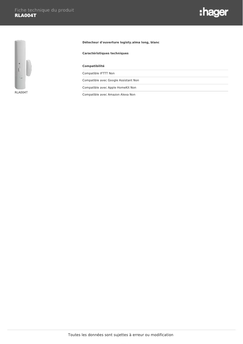 Page 1 of the manual Technical Sheet Hager RLA004T