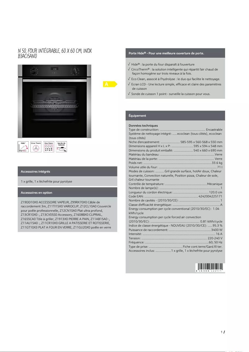 Page 1 of the manual Technical Sheet Neff B3ACI5AN0