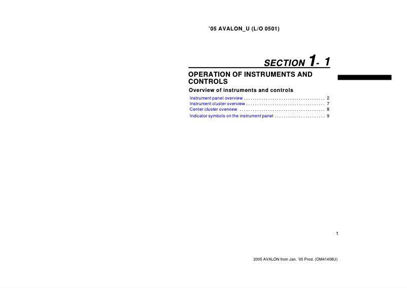 Page 1 of the manual User Manual Toyota Avalon (2005)