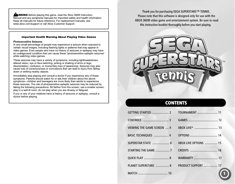 Image de la première page du manuel de l'appareil SEGA Superstars tennis (Xbox 360)