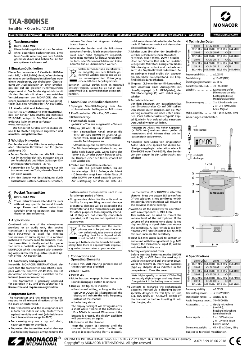 First page image of the manual for TXA-800HSE