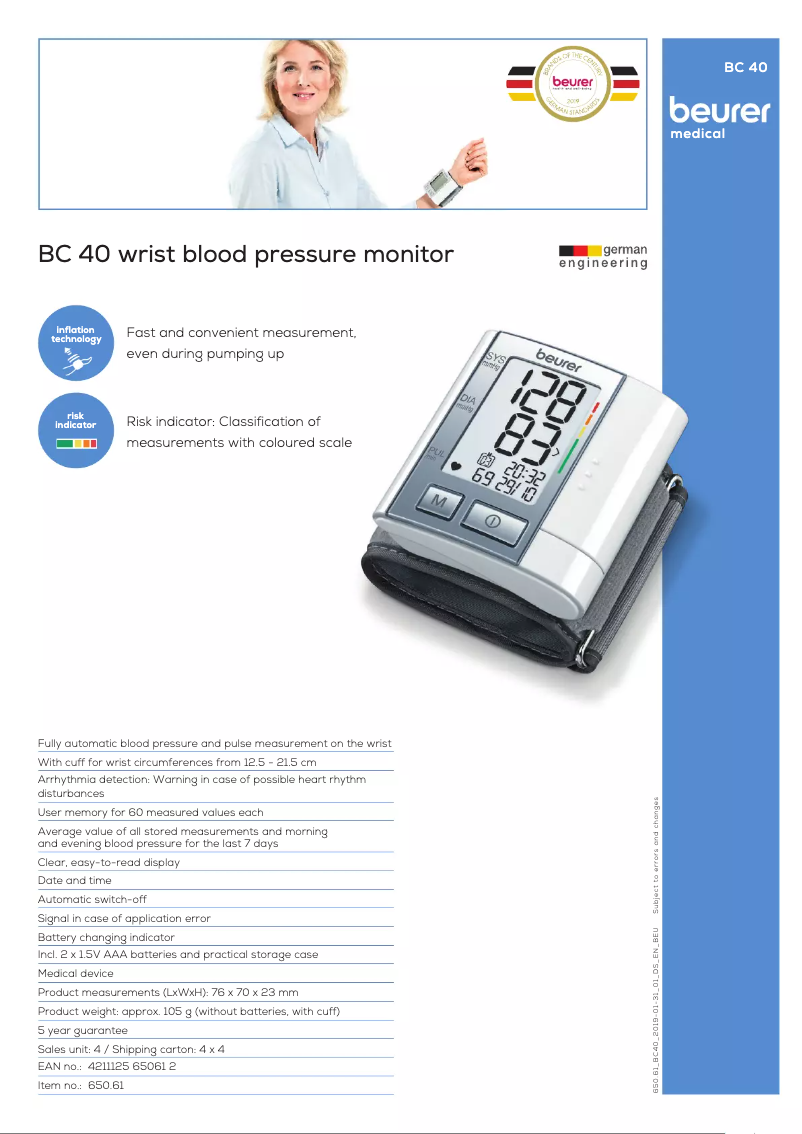Page 1 of the manual Technical Sheet Beurer BC 40