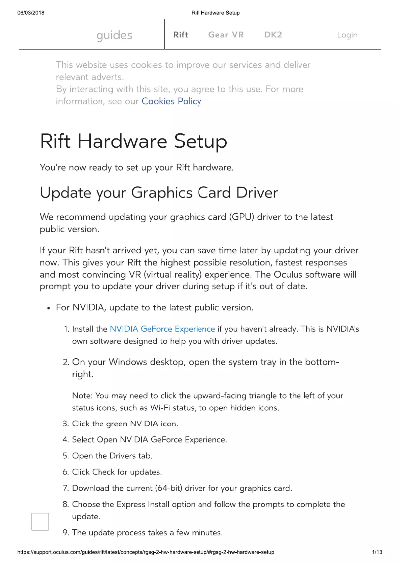 Page 1 of the manual User Manual Oculus VR Rift