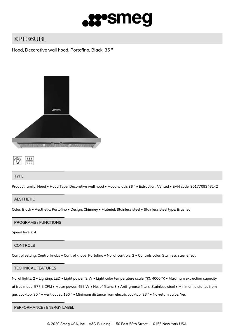 Page 1 of the manual Technical Sheet Smeg KPF36UBL