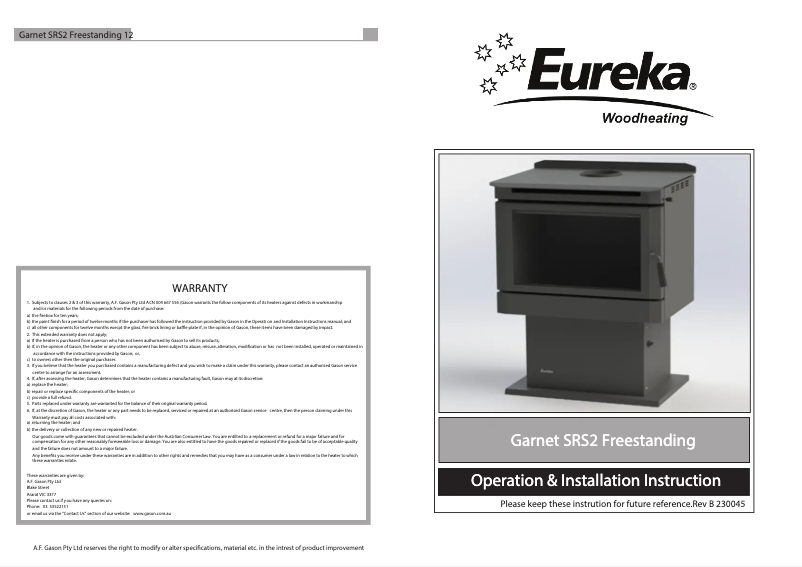 Page 1 of the manual User Manual Eureka Garnet SRS2 Freestanding