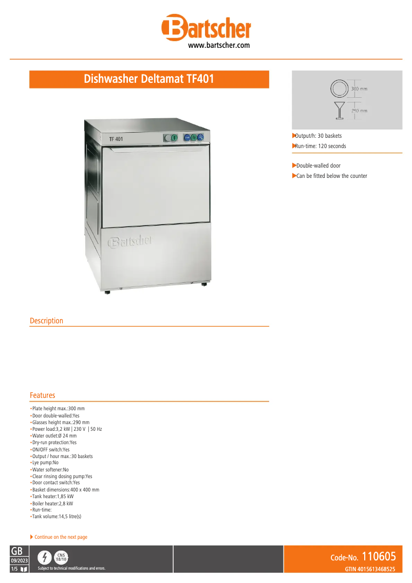 Page 1 of the manual Technical Sheet Bartscher Deltamat TF 401