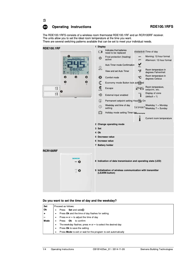 Page 1 of the manual User Manual Siemens RDE100.1RFS