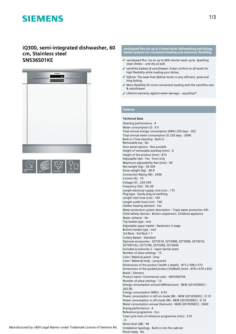 Page 1 of the manual Technical Sheet Siemens SN536S01KE