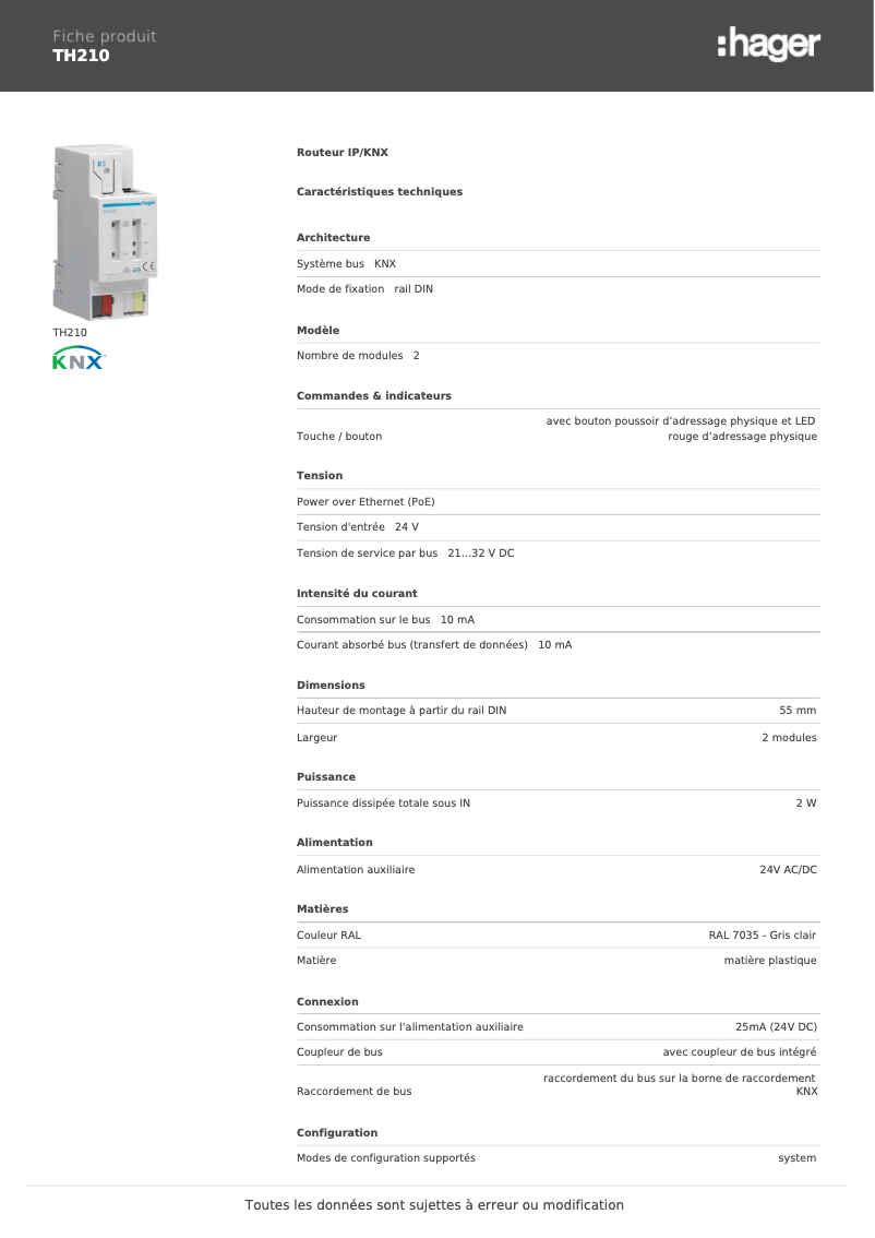 Page 1 of the manual Technical Sheet Hager TH210