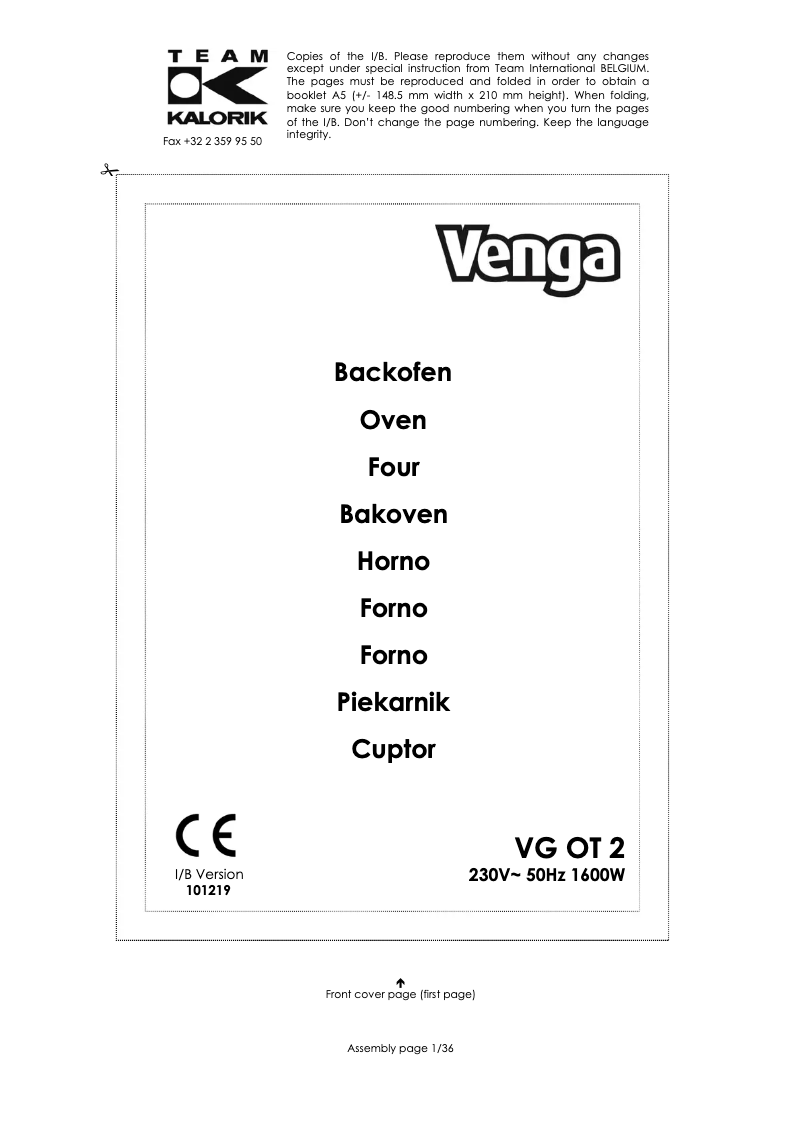 First page image of the manual for VG OT 2