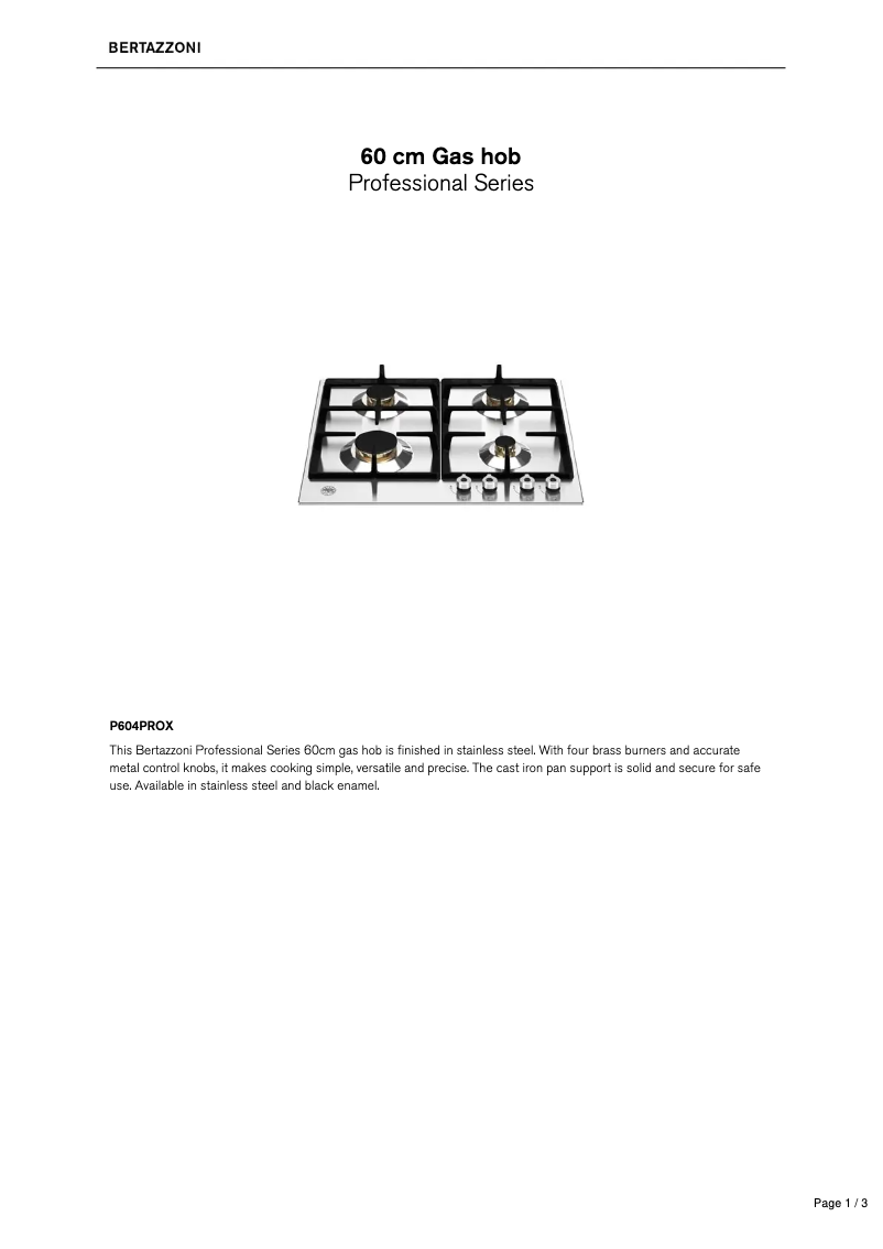 Page 1 of the manual Technical Sheet Bertazzoni P604PROX
