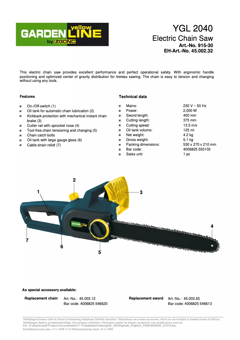 Page 1 of the manual User Manual Yellow Garden Line YGL 2040