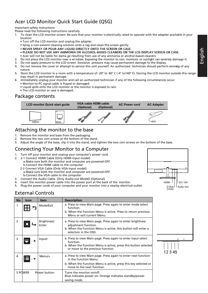 Page 1 of the manual Quick Start Guide Acer EH273