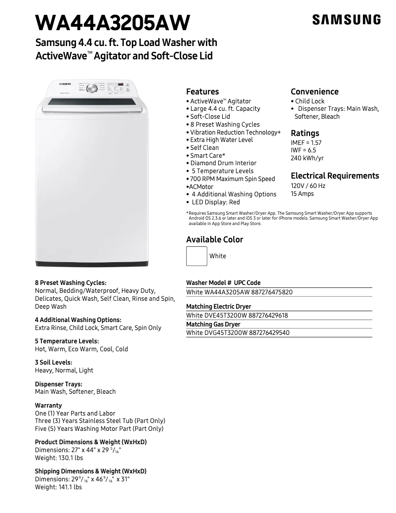 Page 1 of the manual Technical Sheet Samsung WA44A3205AW