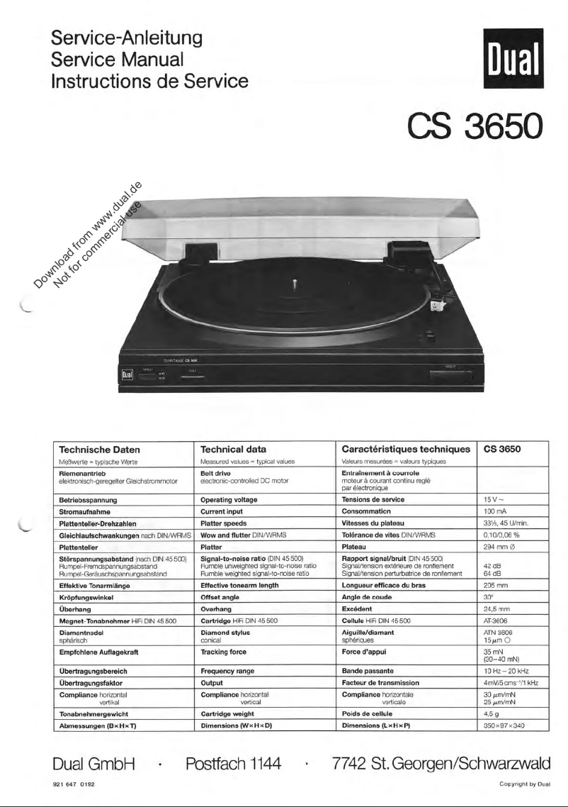 Page 1 of the manual User Manual Dual CS 3650