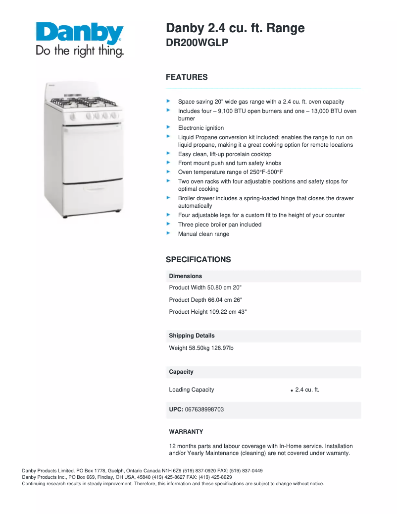 Page 1 of the manual Technical Sheet Danby DR200WGLP
