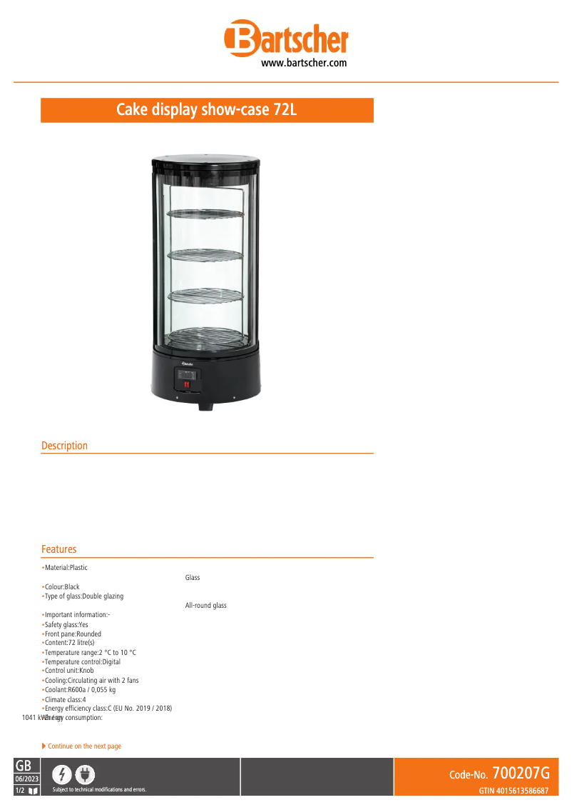 Page 1 of the manual Technical Sheet Bartscher 700207G