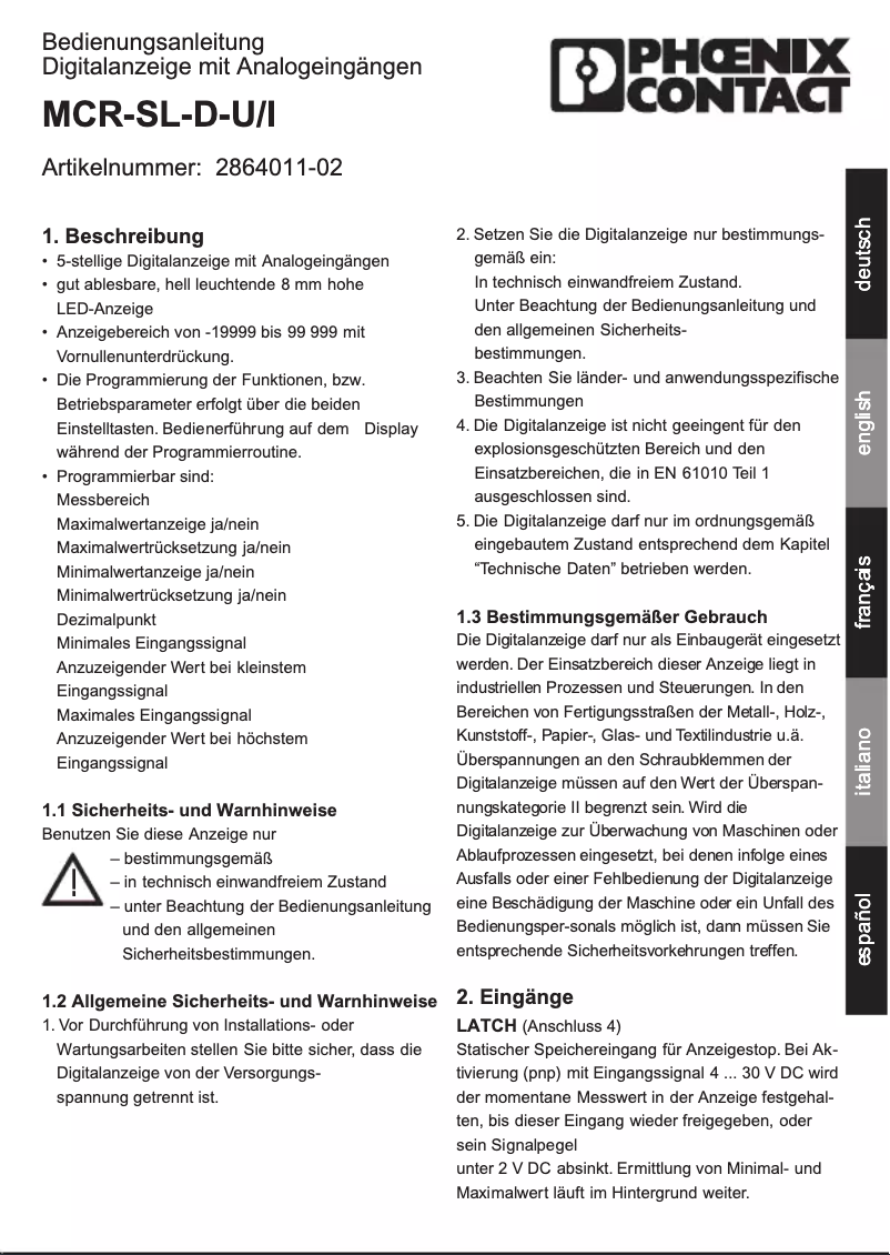 Page 1 de la notice Manuel utilisateur Phoenix Contact MCR-SL-D-U/I