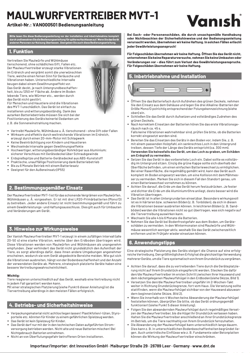 Page 1 of the manual User Manual Vanish MVT-1