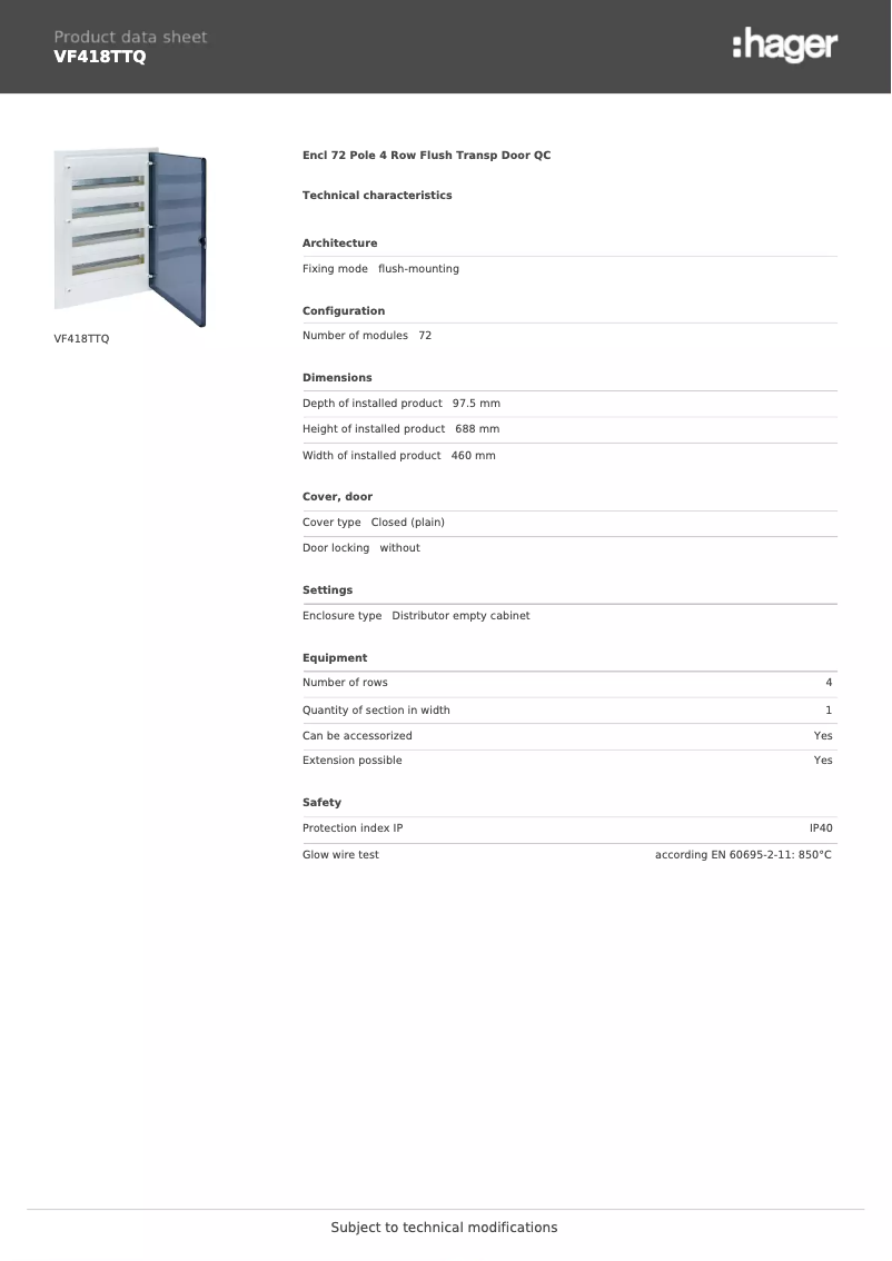 Page 1 of the manual Technical Sheet Hager VF418TTQ