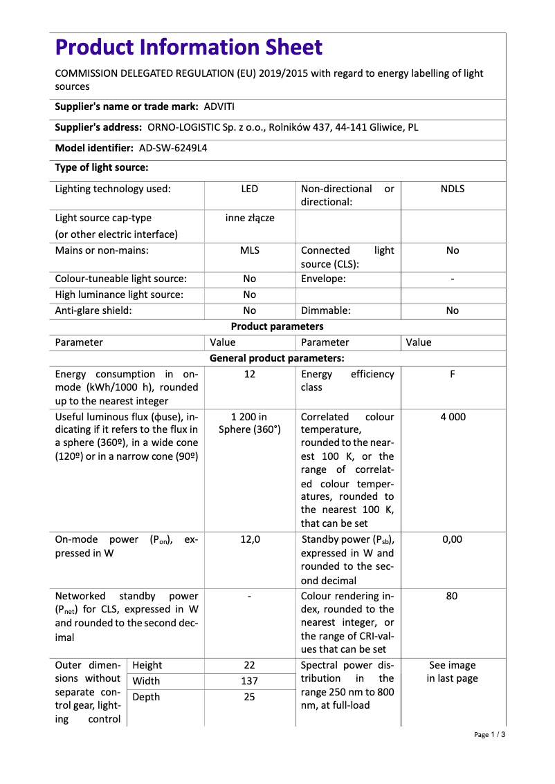 First page image of the manual for AD-SW-6249L4