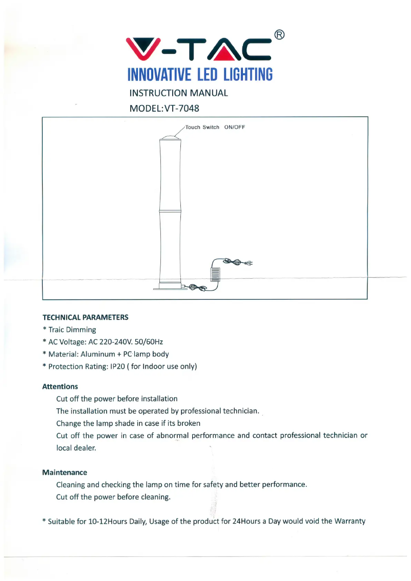 Page 1 of the manual User Manual V-TAC VT-7048